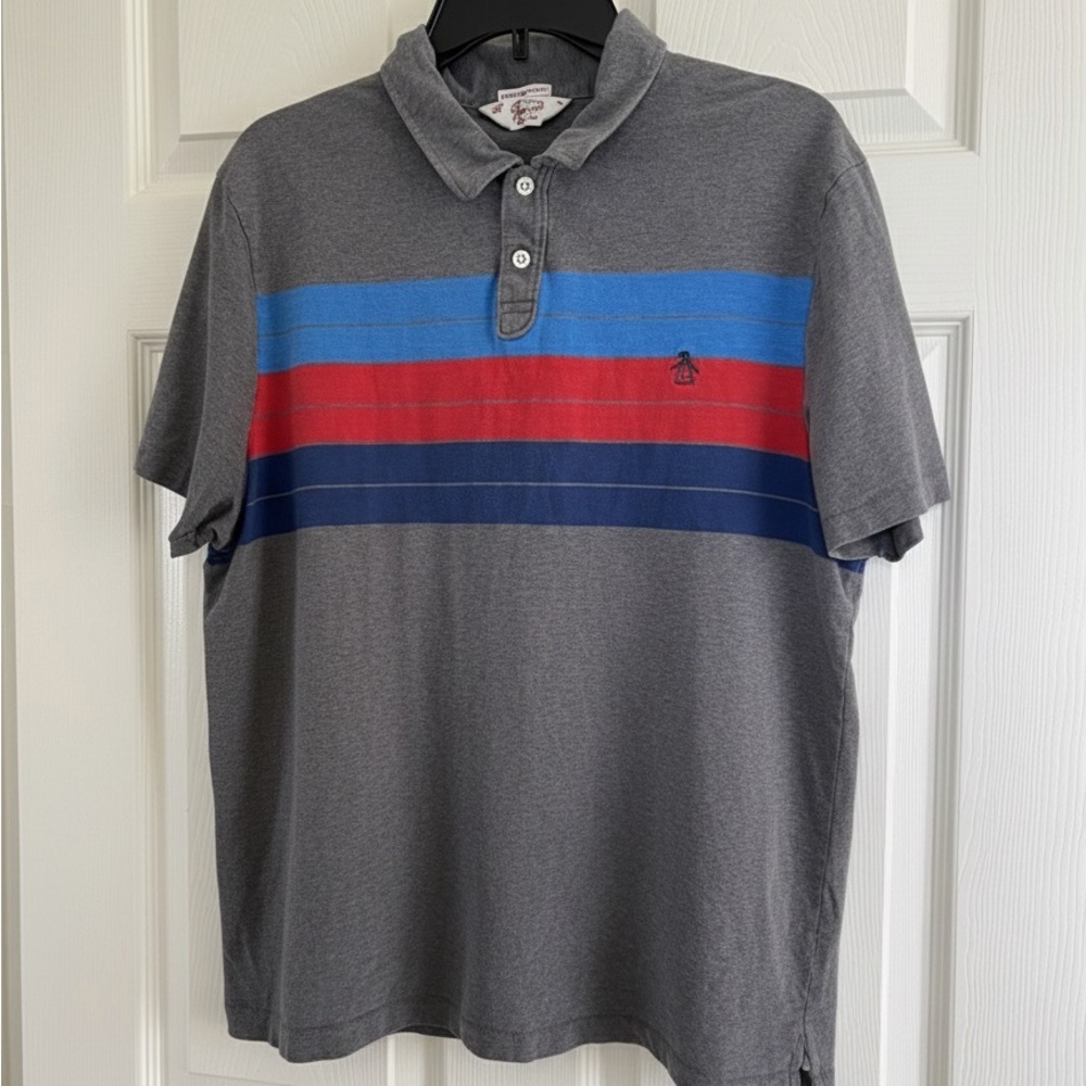 Original Penguin Heritage Fit Polo Shirt in Gray with Red and Blue Stripes XL